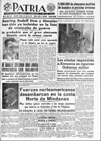 'Patria  : diario de Falange Española Tradicionalista y de las J.O.N.S.' - Año X Número 2627 2ª ed. - 1945 Mayo 12