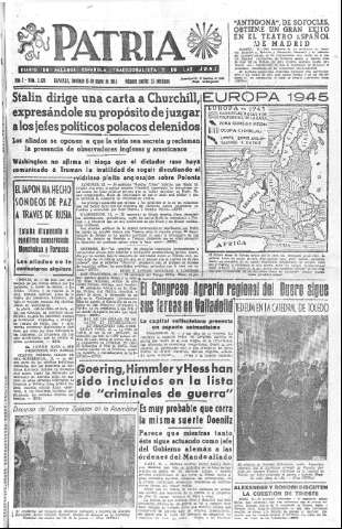 'Patria  : diario de Falange Española Tradicionalista y de las J.O.N.S.' - Año X Número 2628  - 1945 Mayo 13