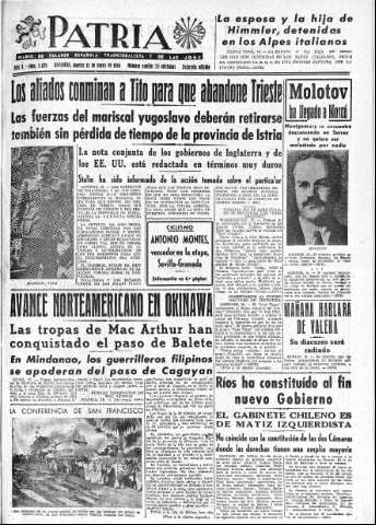 'Patria  : diario de Falange Española Tradicionalista y de las J.O.N.S.' - Año X Número 2629 2ª ed. - 1945 Mayo 15