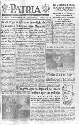 'Patria  : diario de Falange Española Tradicionalista y de las J.O.N.S.' - Año X Número 2632  - 1945 Mayo 18