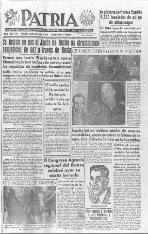 'Patria  : diario de Falange Española Tradicionalista y de las J.O.N.S.' - Año X Número 2633  - 1945 Mayo 19