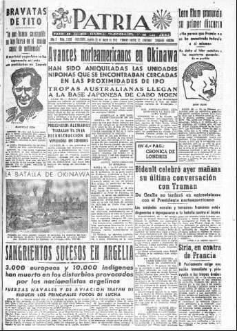 'Patria  : diario de Falange Española Tradicionalista y de las J.O.N.S.' - Año X Número 2635 2ª ed. - 1945 Mayo 22
