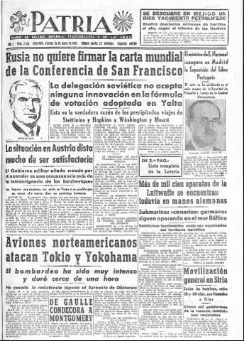 'Patria  : diario de Falange Española Tradicionalista y de las J.O.N.S.' - Año X Número 2638 2ª ed. - 1945 Mayo 25