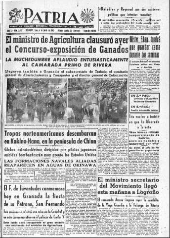 'Patria  : diario de Falange Española Tradicionalista y de las J.O.N.S.' - Año X Número 2645 2ª ed. - 1945 Junio 04