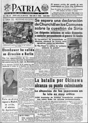 'Patria  : diario de Falange Española Tradicionalista y de las J.O.N.S.' - Año X Número 2646 2ª ed. - 1945 Junio 05