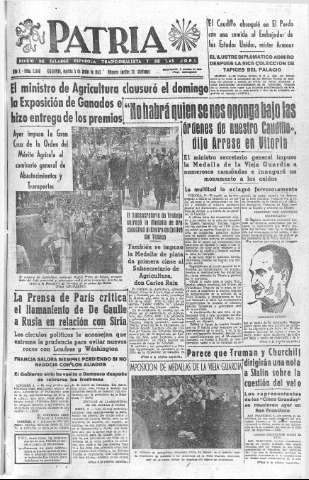 'Patria  : diario de Falange Española Tradicionalista y de las J.O.N.S.' - Año X Número 2646  - 1945 Junio 05