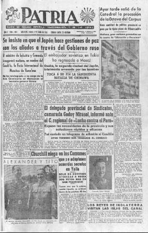'Patria  : diario de Falange Española Tradicionalista y de las J.O.N.S.' - Año X Número 2649  - 1945 Junio 08