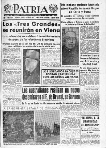 'Patria  : diario de Falange Española Tradicionalista y de las J.O.N.S.' - Año X Número 2654 2ª ed. - 1945 Junio 14