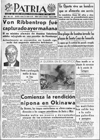 'Patria  : diario de Falange Española Tradicionalista y de las J.O.N.S.' - Año X Número 2655 2ª ed. - 1945 Junio 15