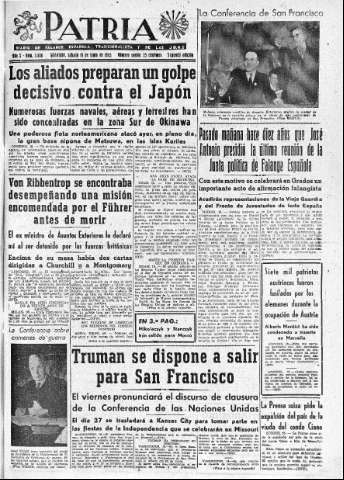 'Patria  : diario de Falange Española Tradicionalista y de las J.O.N.S.' - Año X Número 2656 2ª ed. - 1945 Junio 16