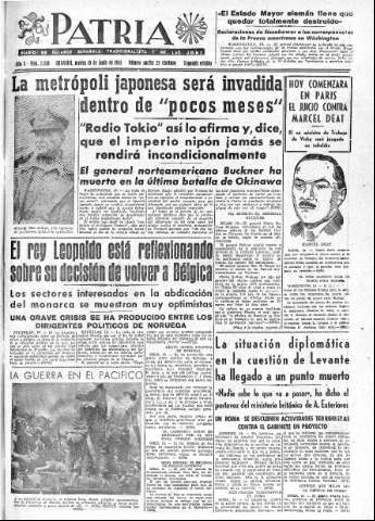 'Patria  : diario de Falange Española Tradicionalista y de las J.O.N.S.' - Año X Número 2658 2ª ed. - 1945 Junio 19