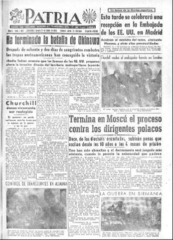 'Patria  : diario de Falange Española Tradicionalista y de las J.O.N.S.' - Año X Número 2660 2ª ed. - 1945 Junio 21