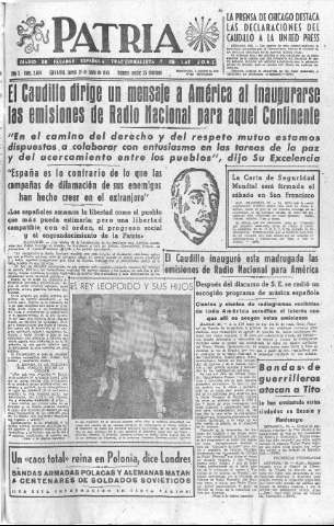 'Patria  : diario de Falange Española Tradicionalista y de las J.O.N.S.' - Año X Número 2660  - 1945 Junio 21