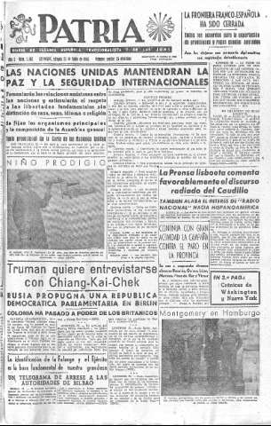 'Patria  : diario de Falange Española Tradicionalista y de las J.O.N.S.' - Año X Número 2662  - 1945 Junio 23