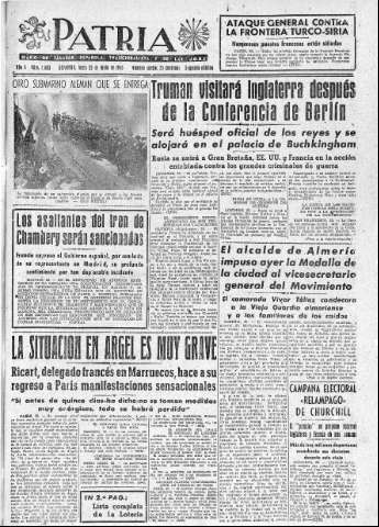 'Patria  : diario de Falange Española Tradicionalista y de las J.O.N.S.' - Año X Número 2663 2ª ed. - 1945 Junio 25