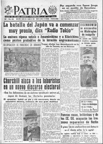'Patria  : diario de Falange Española Tradicionalista y de las J.O.N.S.' - Año X Número 2664 2ª ed. - 1945 Junio 26