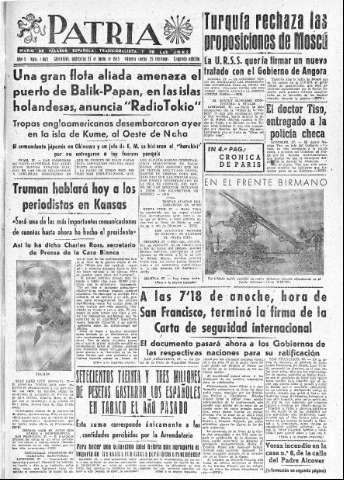 'Patria  : diario de Falange Española Tradicionalista y de las J.O.N.S.' - Año X Número 2665 2ª ed. - 1945 Junio 27