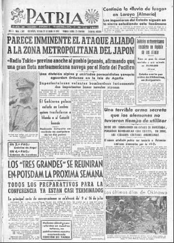 'Patria  : diario de Falange Española Tradicionalista y de las J.O.N.S.' - Año X Número 2667 2ª ed. - 1945 Junio 29