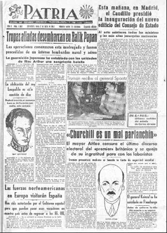 'Patria  : diario de Falange Española Tradicionalista y de las J.O.N.S.' - Año X Número 2669 2ª ed. - 1945 Julio 02