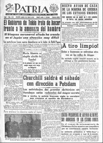 'Patria  : diario de Falange Española Tradicionalista y de las J.O.N.S.' - Año X Número 2676 2ª ed. - 1945 Julio 10