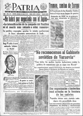 'Patria  : diario de Falange Española Tradicionalista y de las J.O.N.S.' - Año X Número 2677 2ª ed. - 1945 Julio 11
