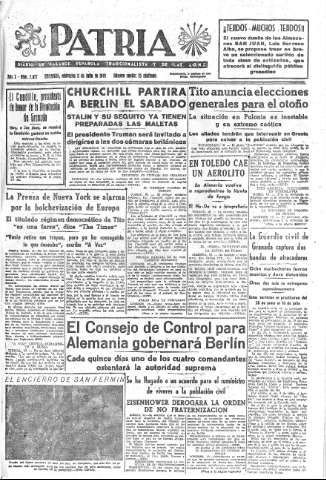 'Patria  : diario de Falange Española Tradicionalista y de las J.O.N.S.' - Año X Número 2677  - 1945 Julio 11