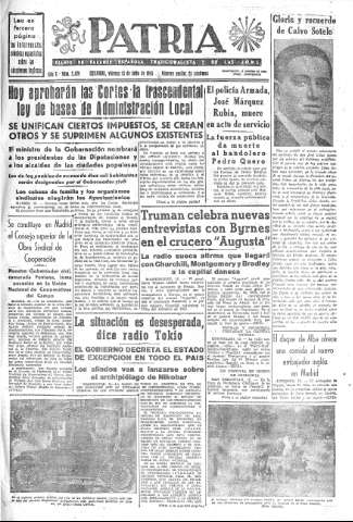 'Patria  : diario de Falange Española Tradicionalista y de las J.O.N.S.' - Año X Número 2679  - 1945 Julio 13