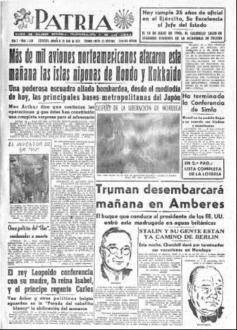 'Patria  : diario de Falange Española Tradicionalista y de las J.O.N.S.' - Año X Número 2680 2ª ed. - 1945 Julio 14