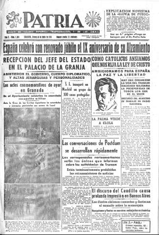 'Patria  : diario de Falange Española Tradicionalista y de las J.O.N.S.' - Año X Número 2684  - 1945 Julio 19