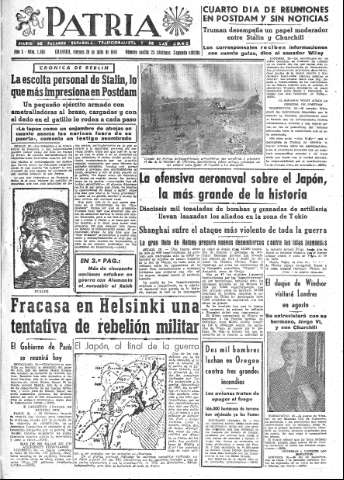 'Patria  : diario de Falange Española Tradicionalista y de las J.O.N.S.' - Año X Número 2685 2ª ed. - 1945 Julio 20