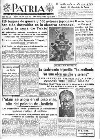 'Patria  : diario de Falange Española Tradicionalista y de las J.O.N.S.' - Año X Número 2687 2ª ed. - 1945 Julio 23