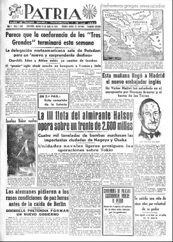 'Patria  : diario de Falange Española Tradicionalista y de las J.O.N.S.' - Año X Número 2688 2ª ed. - 1945 Julio 24