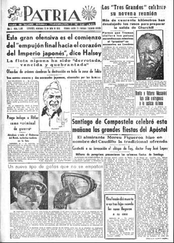 'Patria  : diario de Falange Española Tradicionalista y de las J.O.N.S.' - Año X Número 2689 2ª ed. - 1945 Julio 25