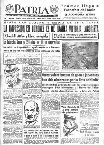'Patria  : diario de Falange Española Tradicionalista y de las J.O.N.S.' - Año X Número 2690 2ª ed. - 1945 Julio 26