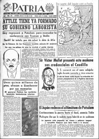 'Patria  : diario de Falange Española Tradicionalista y de las J.O.N.S.' - Año X Número 2691 2ª ed. - 1945 Julio 27