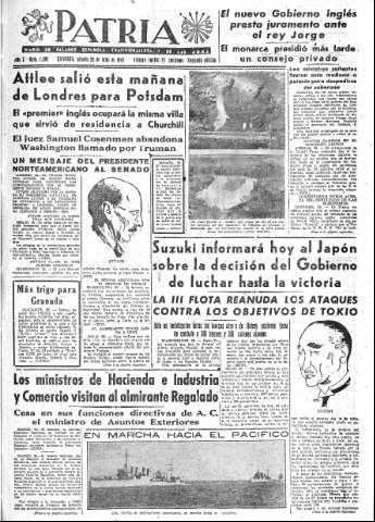 'Patria  : diario de Falange Española Tradicionalista y de las J.O.N.S.' - Año X Número 2692 2ª ed. - 1945 Julio 28