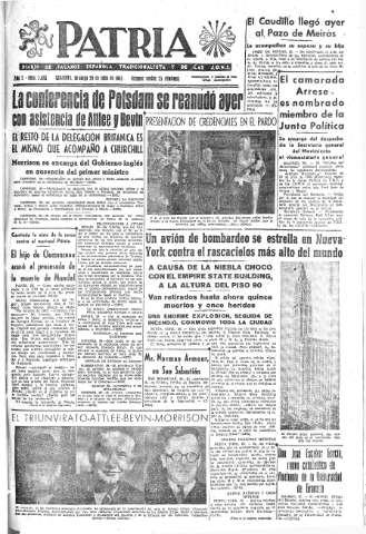 'Patria  : diario de Falange Española Tradicionalista y de las J.O.N.S.' - Año X Número 2693  - 1945 Julio 29