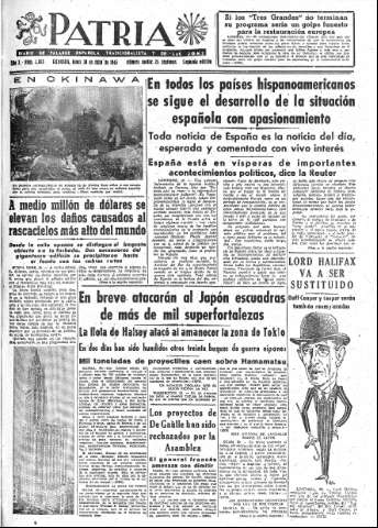 'Patria  : diario de Falange Española Tradicionalista y de las J.O.N.S.' - Año X Número 2693 2ª ed. - 1945 Julio 30