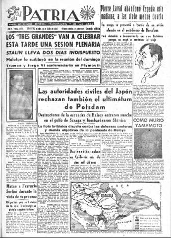'Patria  : diario de Falange Española Tradicionalista y de las J.O.N.S.' - Año X Número 2694 2ª ed. - 1945 Julio 31