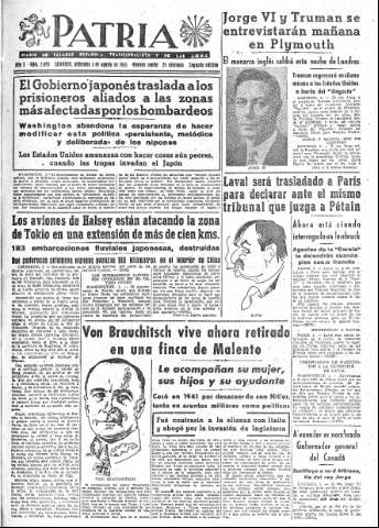 'Patria  : diario de Falange Española Tradicionalista y de las J.O.N.S.' - Año X Número 2695 2ª ed. - 1945 Agosto 01