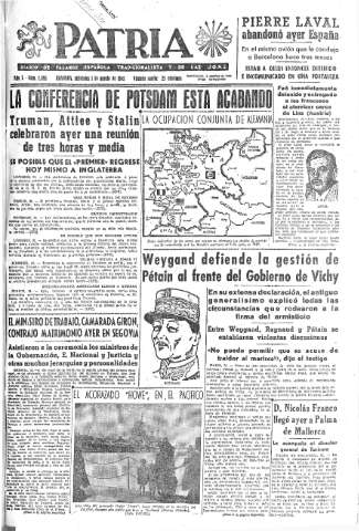 'Patria  : diario de Falange Española Tradicionalista y de las J.O.N.S.' - Año X Número 2695  - 1945 Agosto 01