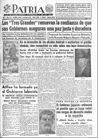 'Patria  : diario de Falange Española Tradicionalista y de las J.O.N.S.' - Año X Número 2697 2ª ed. - 1945 Agosto 03