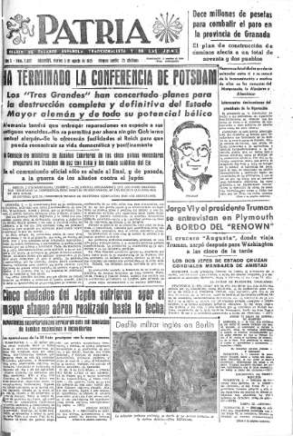 'Patria  : diario de Falange Española Tradicionalista y de las J.O.N.S.' - Año X Número 2697  - 1945 Agosto 03