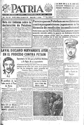 'Patria  : diario de Falange Española Tradicionalista y de las J.O.N.S.' - Año X Número 2699  - 1945 Agosto 05