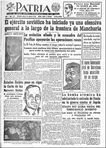 'Patria  : diario de Falange Española Tradicionalista y de las J.O.N.S.' - Año X Número 2702 2ª ed. - 1945 Agosto 09