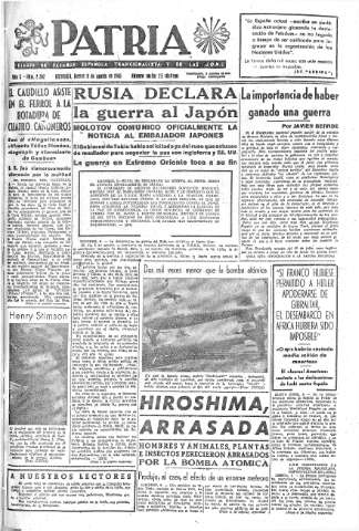 'Patria  : diario de Falange Española Tradicionalista y de las J.O.N.S.' - Año X Número 2702  - 1945 Agosto 09