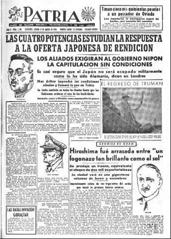 'Patria  : diario de Falange Española Tradicionalista y de las J.O.N.S.' - Año X Número 2703 2ª ed. - 1945 Agosto 11