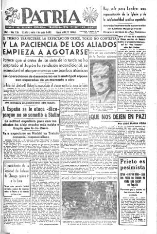 'Patria  : diario de Falange Española Tradicionalista y de las J.O.N.S.' - Año X Número 2705  - 1945 Agosto 14