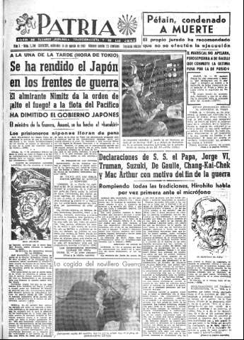 'Patria  : diario de Falange Española Tradicionalista y de las J.O.N.S.' - Año X Número 2706 2ª ed. - 1945 Agosto 15
