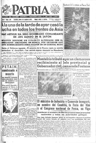 'Patria  : diario de Falange Española Tradicionalista y de las J.O.N.S.' - Año X Número 2707  - 1945 Agosto 16